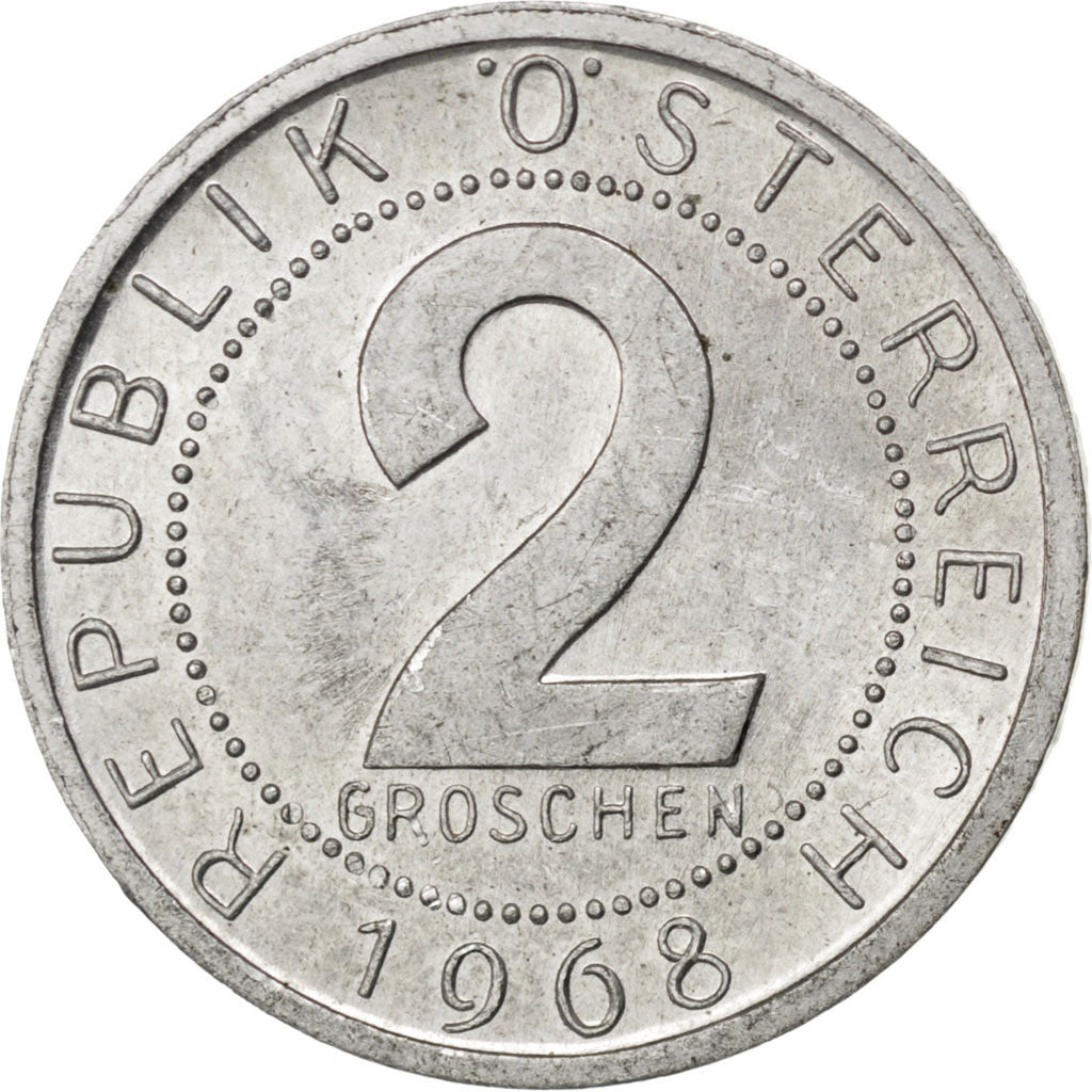 AUSTRIA, 2 Groschen, 1968, KM #2876, MS(63), Aluminum, 18, 0.91
