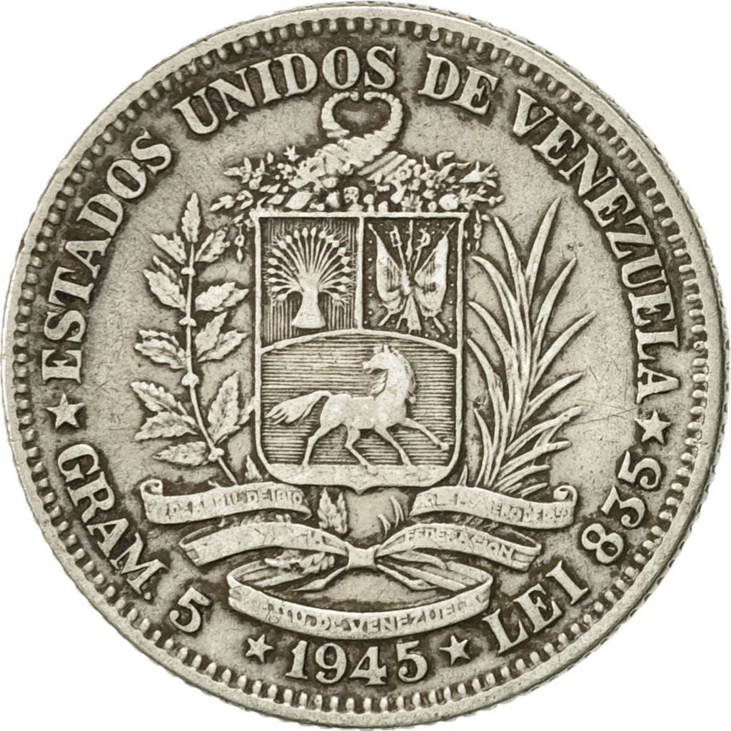 Venezuela, Gram 5, Bolivar, 1945, Philadelphia, EF(40-45), Silver, KM:22a