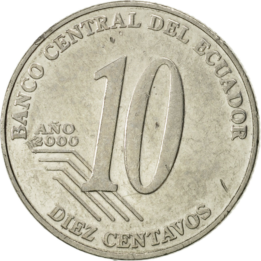 Moneda, Ecuador, 10 Centavos, Diez, 2000, MBC, Acero, KM:106
