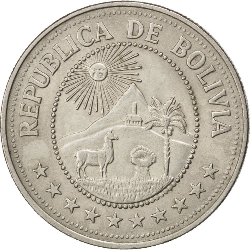 BOLIVIA, 5 Pesos Bolivianos, 1976, KM #197, AU(55-58), Nickel Clad Steel, 30,...