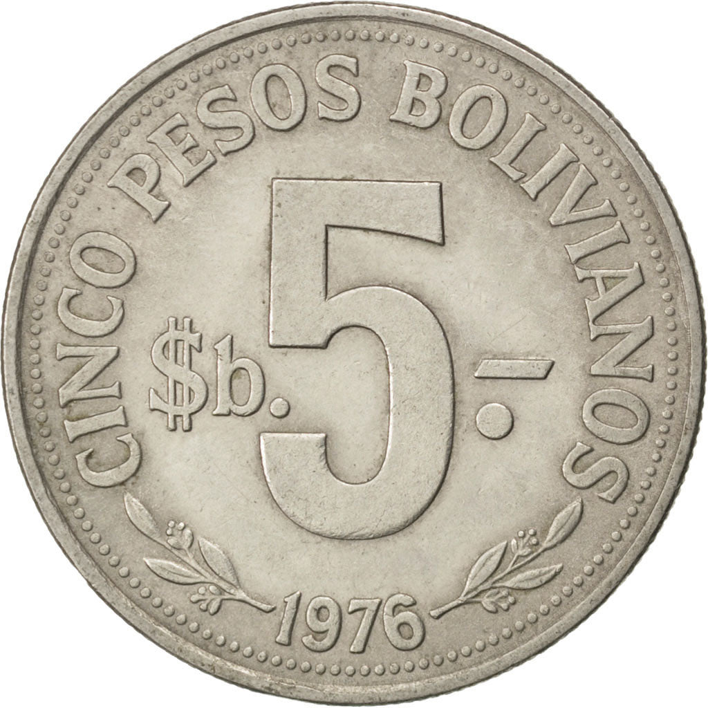 BOLIVIA, 5 Pesos Bolivianos, 1976, KM #197, AU(55-58), Nickel Clad Steel, 30,...
