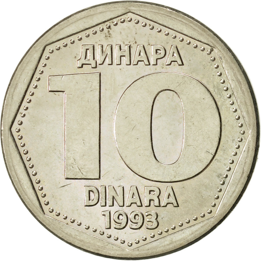 Coin, Yugoslavia, 10 Dinara, 1993, AU(55-58), Copper-Nickel-Zinc, KM:157