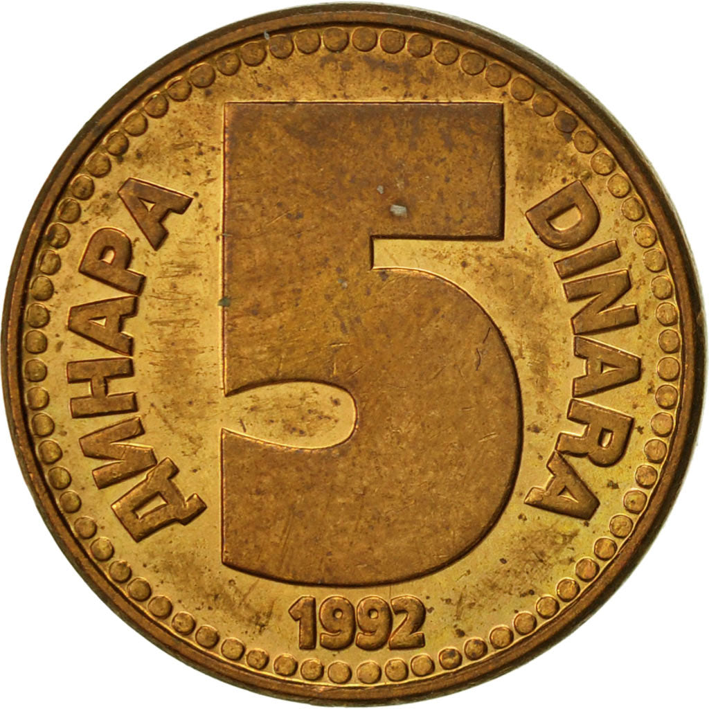 Jugoslawien, 5 Dinara, 1992, SS, Messing, KM:151