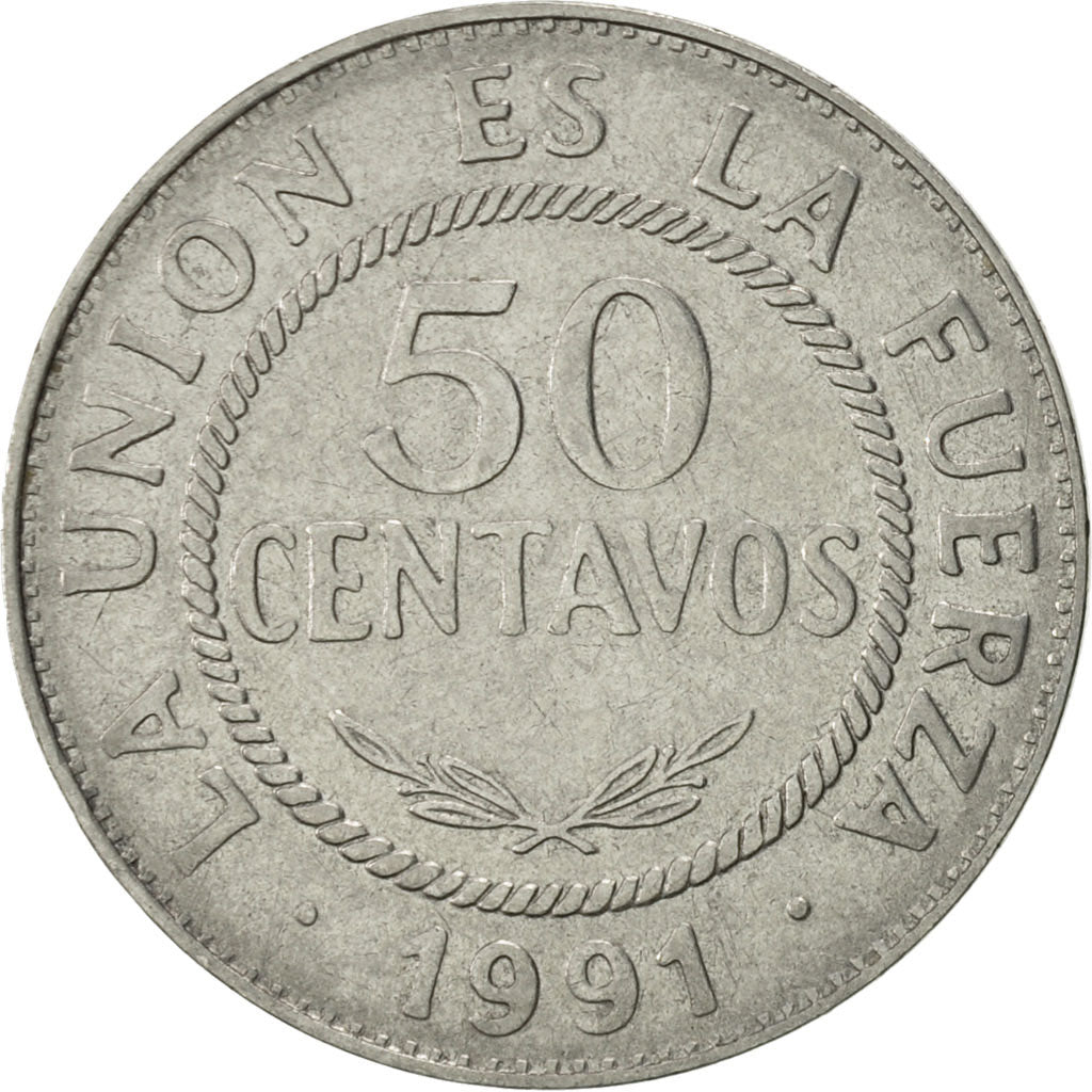 Coin, Bolivia, 50 Centavos, 1991, AU(50-53), Stainless Steel, KM:204