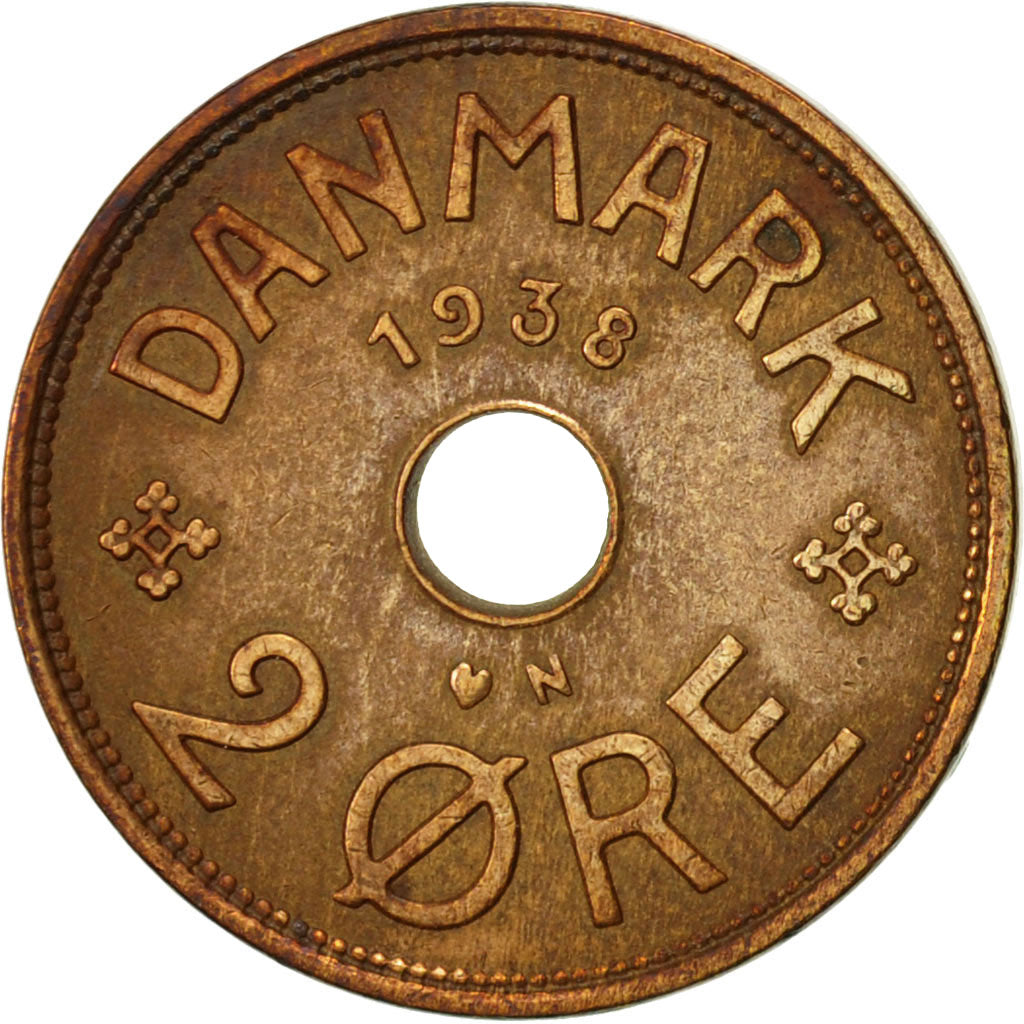 Coin, Denmark, Christian X, 2 Öre, 1938, Copenhagen, EF(40-45), Bronze