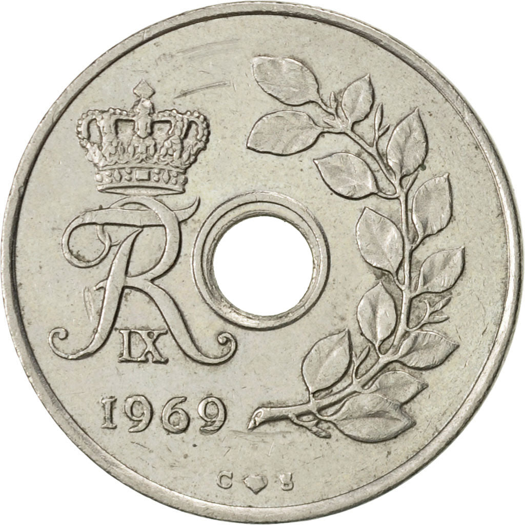 Coin, Denmark, Frederik IX, 25 Öre, 1969, Copenhagen, AU(50-53), Copper-nickel