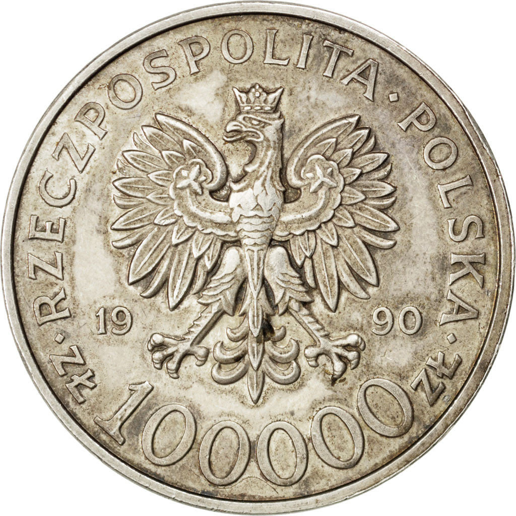 POLAND, 100000 Zlotych, 1990, Varsovie, KM #196.1, AU(55-58), Silver, 32, 29.55