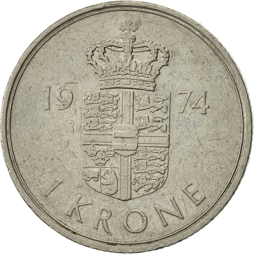 Coin, Denmark, Margrethe II, Krone, 1974, Copenhagen, AU(50-53), Copper-nickel