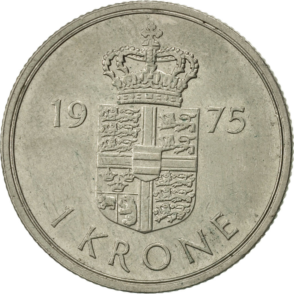 Coin, Denmark, Margrethe II, Krone, 1975, Copenhagen, AU(50-53), Copper-nickel