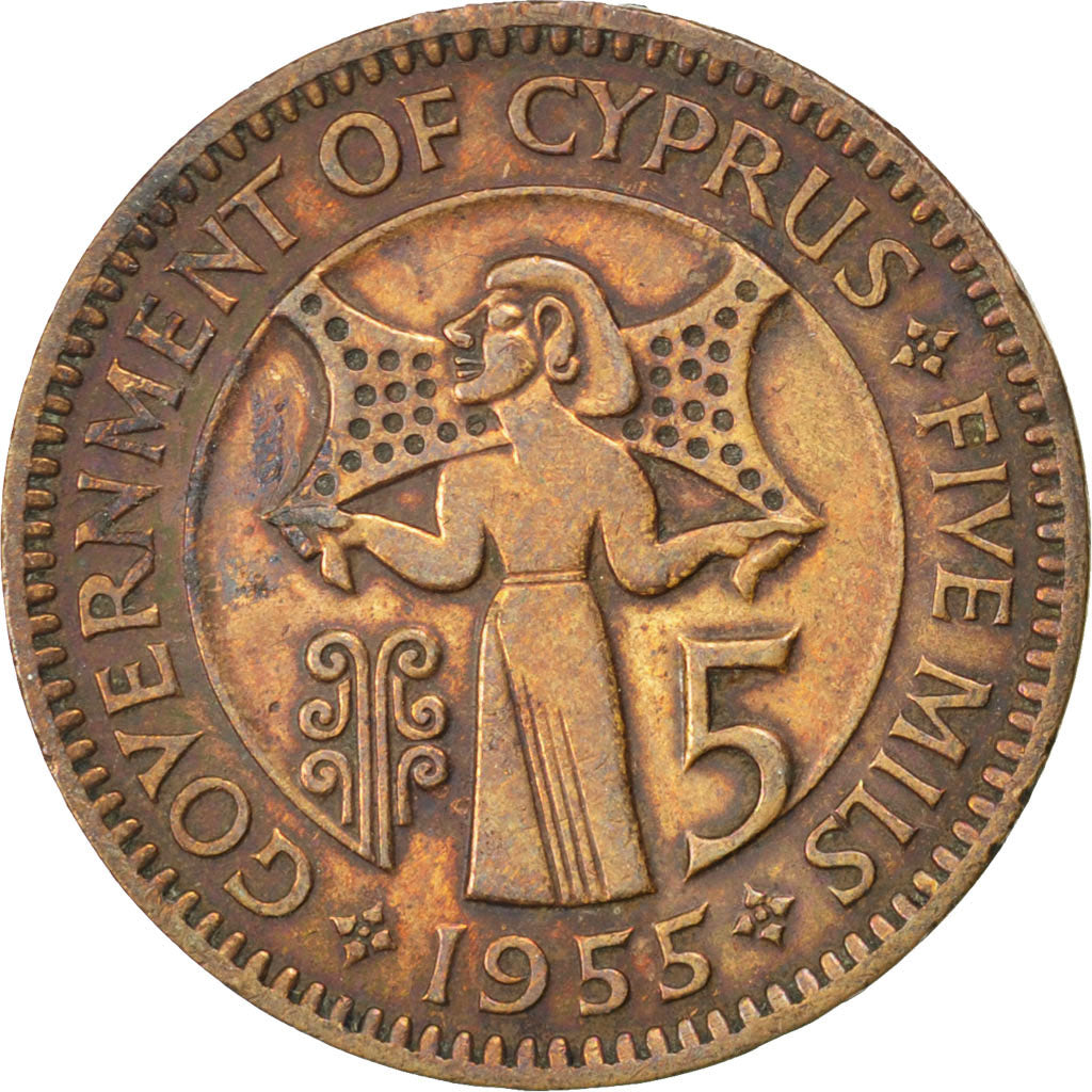 CYPRUS, 5 Mils, 1955, KM #34, EF(40-45), Bronze, 5.66