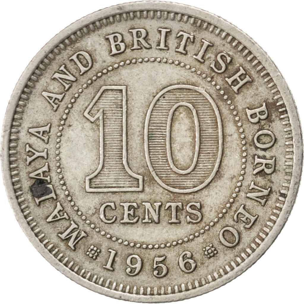 MALAYA & BRITISH BORNEO, 10 Cents, 1956, KM #2, EF(40-45), Copper-Nickel, 19.5,.