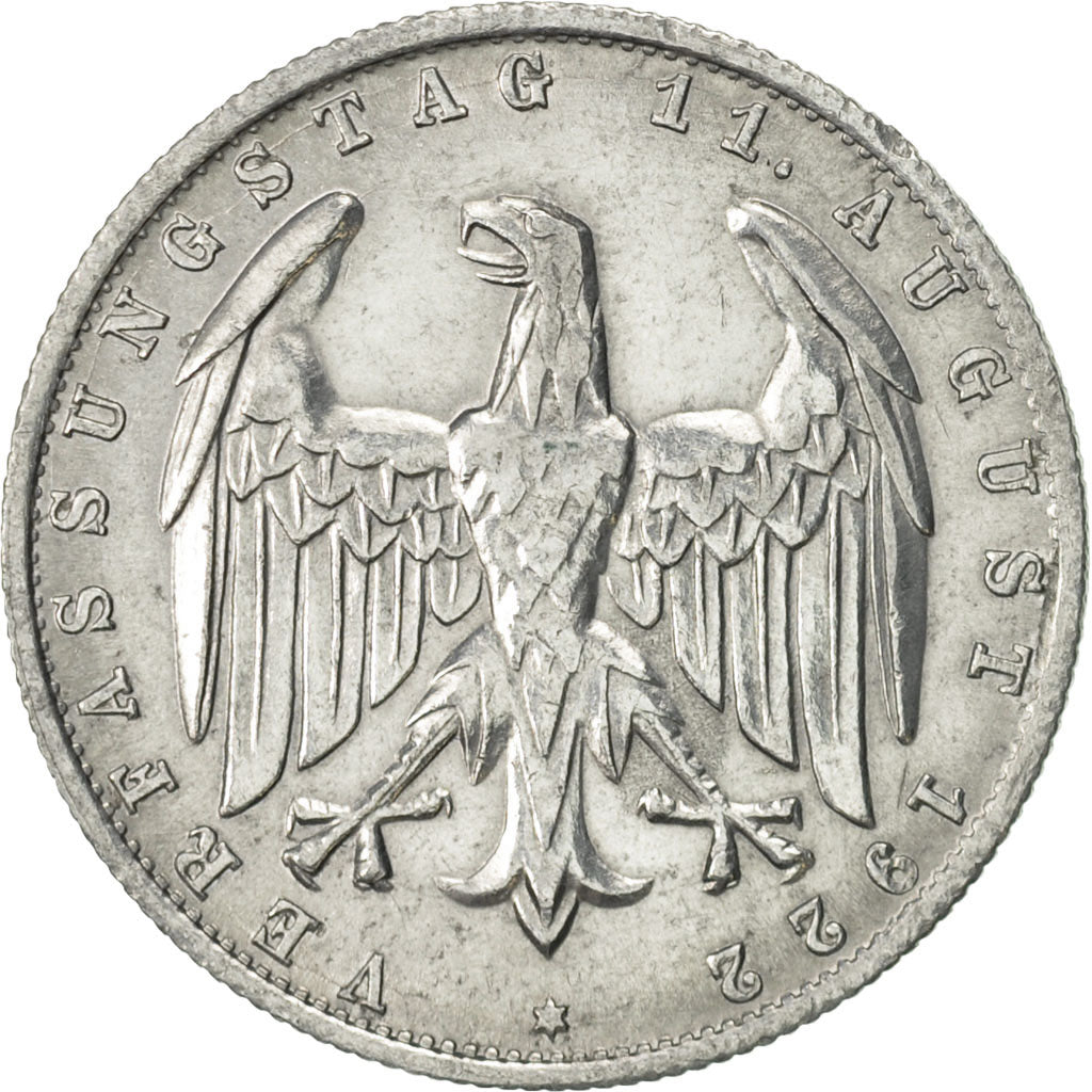 Coin, GERMANY, WEIMAR REPUBLIC, 3 Mark, 1922, Stuttgart, AU(55-58), Aluminum