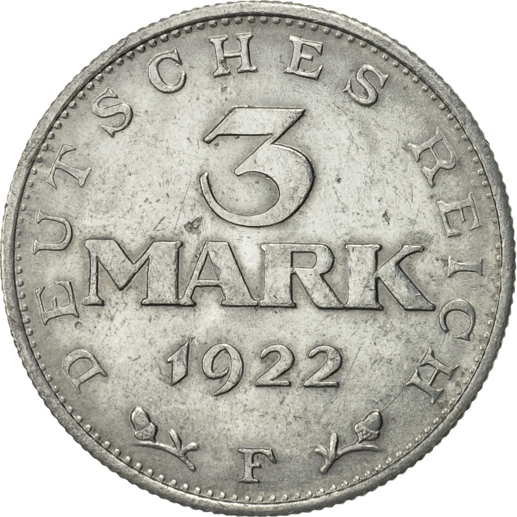 Coin, GERMANY, WEIMAR REPUBLIC, 3 Mark, 1922, Stuttgart, AU(55-58), Aluminum