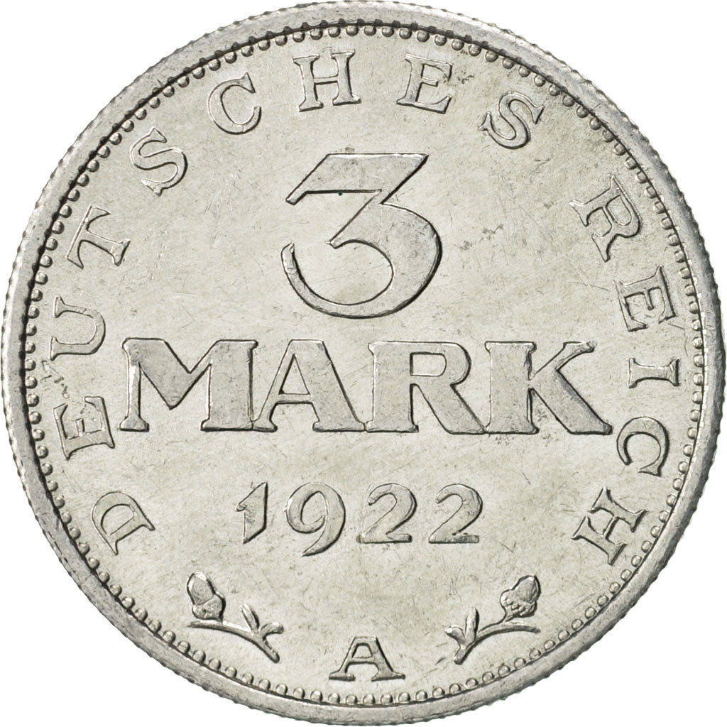 GERMANY, WEIMAR REPUBLIC, 3 Mark, 1922, Berlin, AU(55-58), Aluminum, KM:29