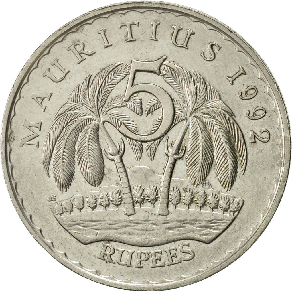 Coin, Mauritius, 5 Rupees, 1992, AU(55-58), Copper-nickel, KM:56