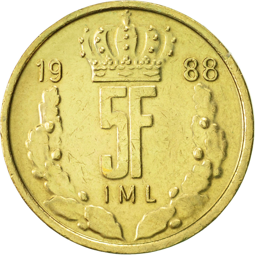 Coin, Luxembourg, Jean, 5 Francs, 1988, AU(50-53), Aluminum-Bronze, KM:60.2