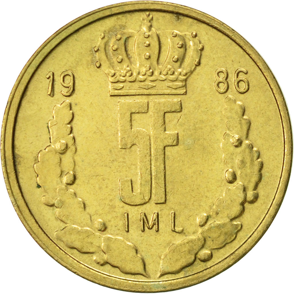 Coin, Luxembourg, Jean, 5 Francs, 1986, AU(50-53), Aluminum-Bronze, KM:60.1