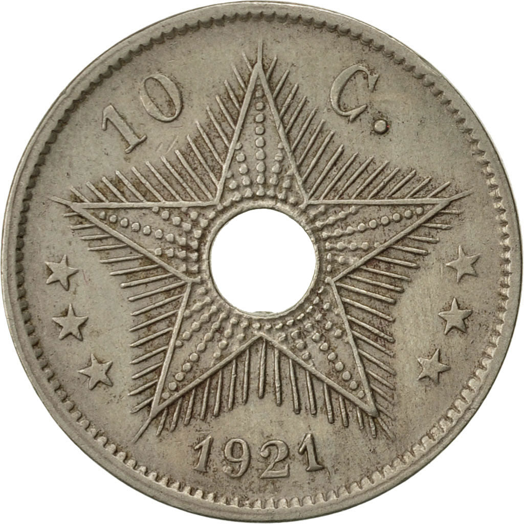 Belgian Congo, 10 Centimes, 1921, Heaton, AU(55-58), Copper-nickel, KM:18