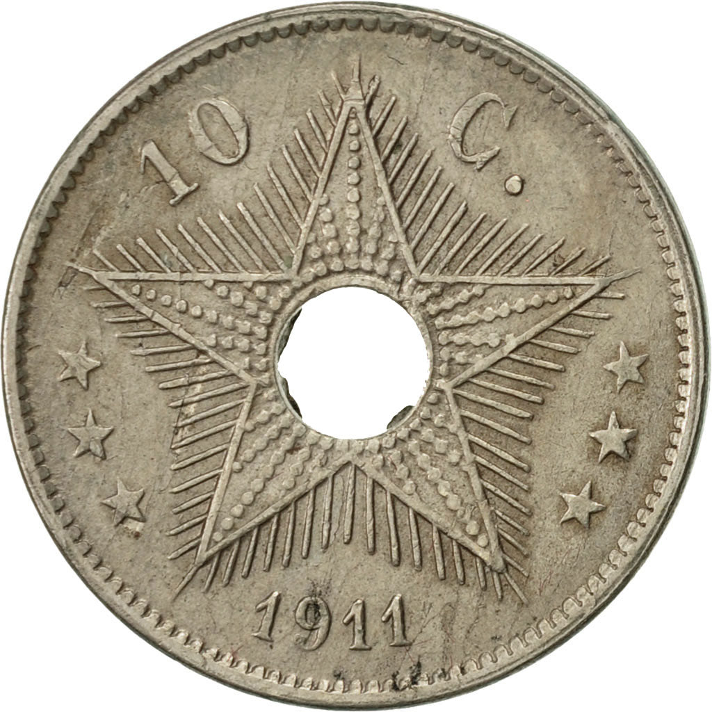 Coin, Belgian Congo, 10 Centimes, 1911, Heaton, AU(50-53), Copper-nickel, KM:18