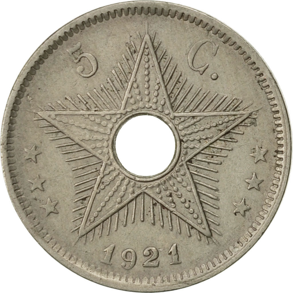 Congo belga, 5 Centimes, 1921, Heaton, BB+, Rame-nichel, KM:17