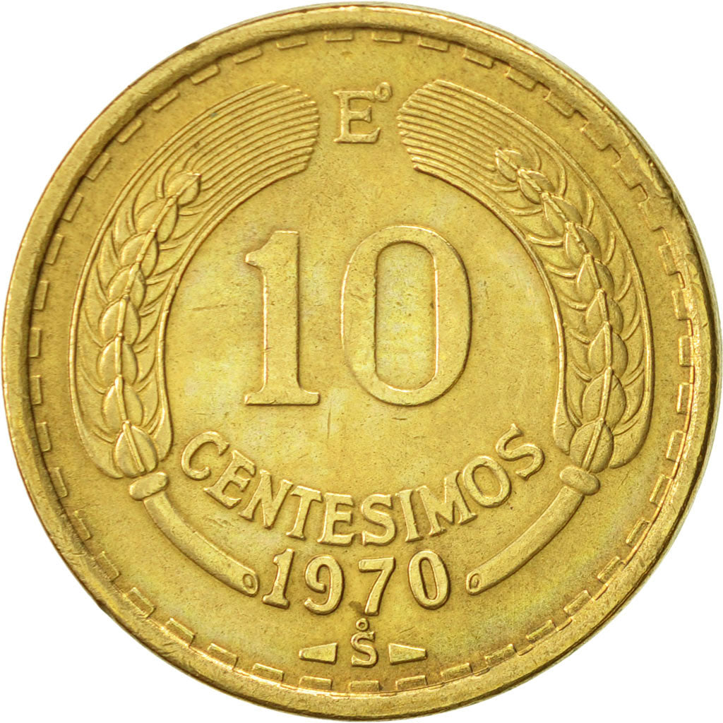 Coin, Chile, 10 Centesimos, 1970, AU(50-53), Aluminum-Bronze, KM:191