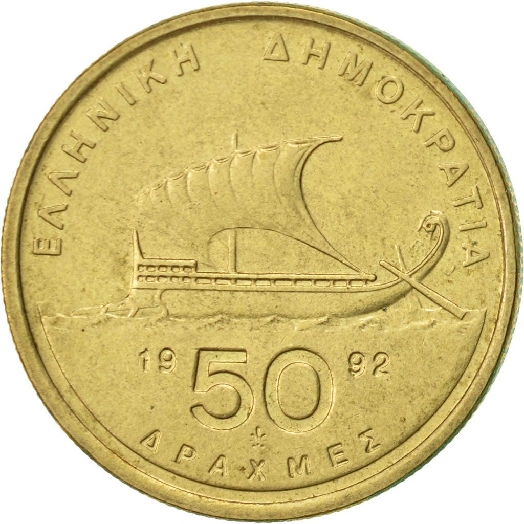 Coin, Greece, 50 Drachmes, 1992, AU(55-58), Aluminum-Bronze, KM:147