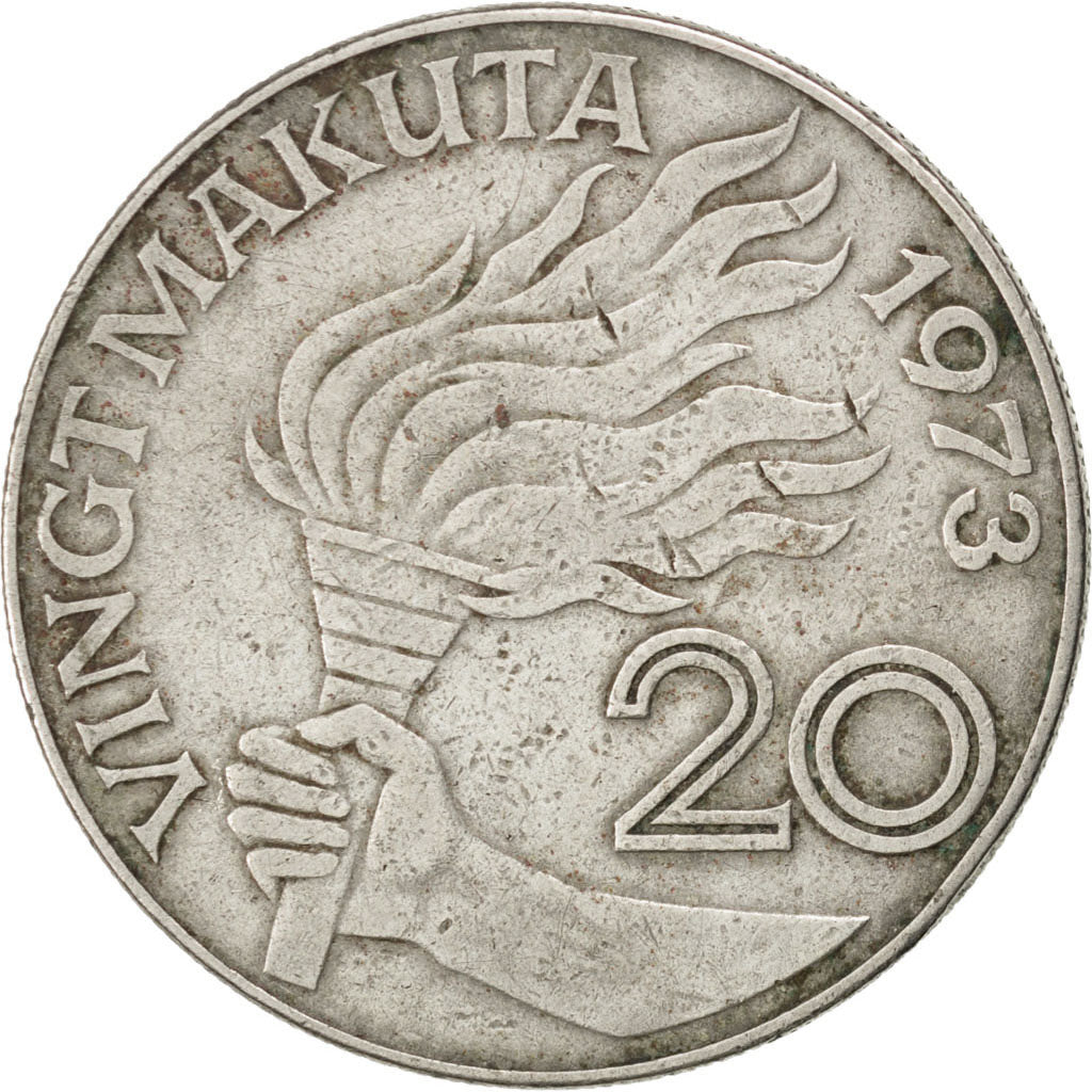 ZAIRE, 20 Makuta, 1973, KM #8, EF(40-45), Copper-Nickel, 12.69