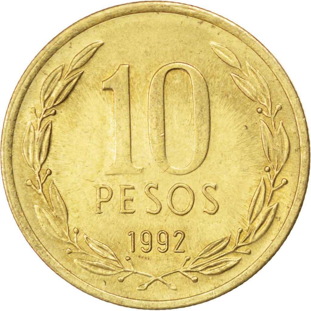 Coin, Chile, 10 Pesos, 1992, Santiago, MS(63), Aluminum-Bronze, KM:228.2