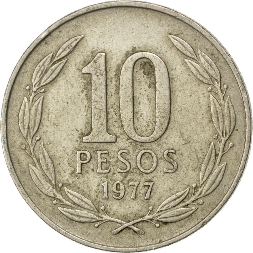 CHILE, 10 Pesos, 1977, Santiago, KM #210, EF(40-45), Copper-Nickel, 28, 8.69