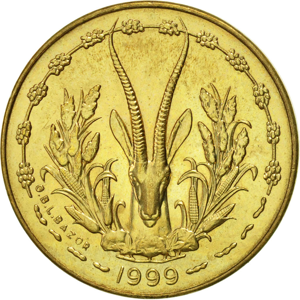 West African States, 5 Francs, 1999, Paris, AU(55-58), Aluminum-Nickel-Bronze