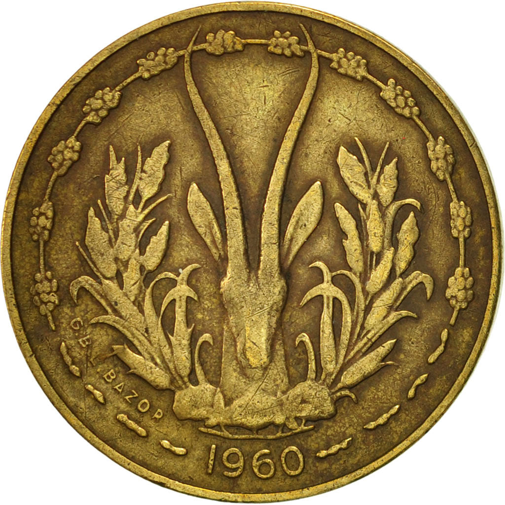 West African States, 5 Francs, 1960, Paris, EF(40-45), Aluminum-Bronze, KM:2