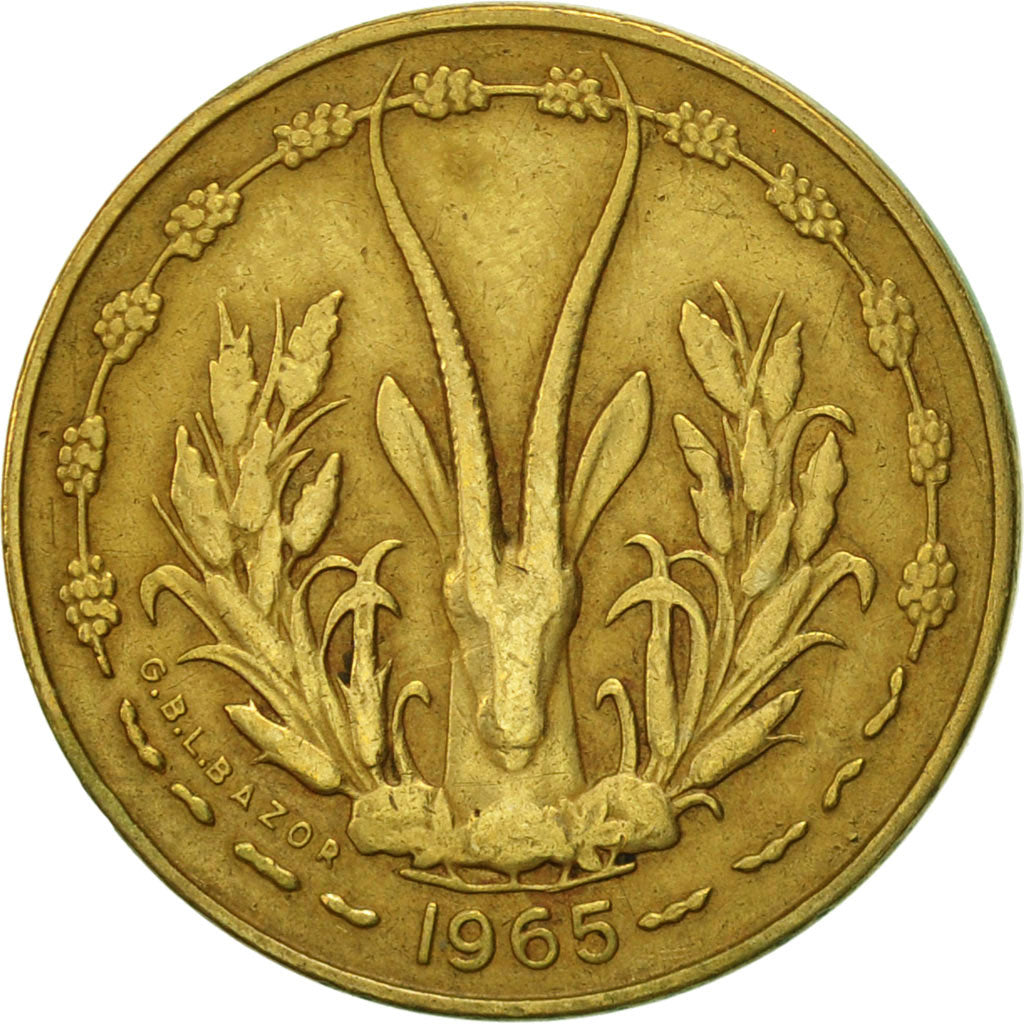 West African States, 5 Francs, 1965, Paris, EF(40-45), Aluminum-Nickel-Bronze
