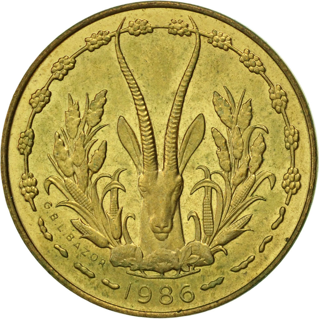West African States, 5 Francs, 1986, Paris, EF(40-45), Aluminum-Nickel-Bronze