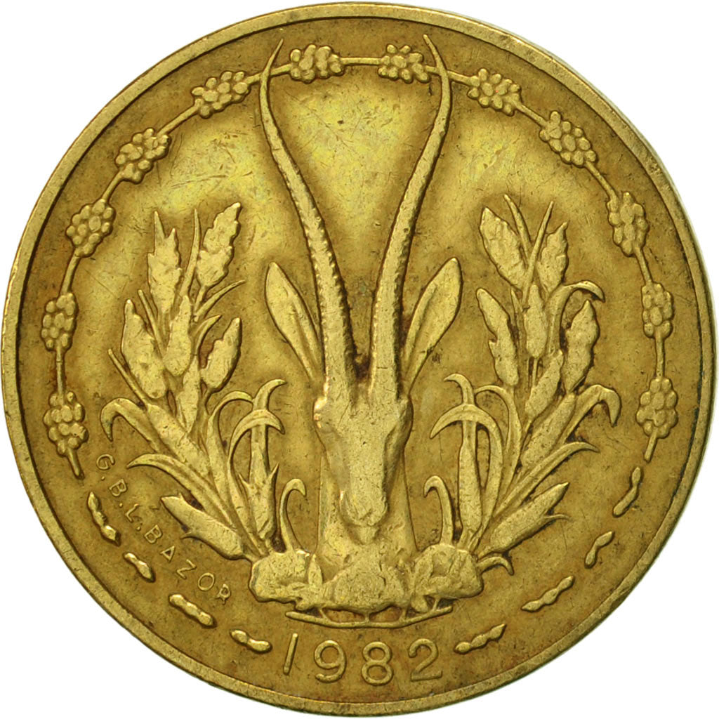 Moneda, Estados del África Occidental, 5 Francs, 1982, Paris, MBC, Aluminio -