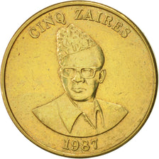 Coin, Zaire, 5 Zaïres, 1987, AU(55-58), Brass, KM:14