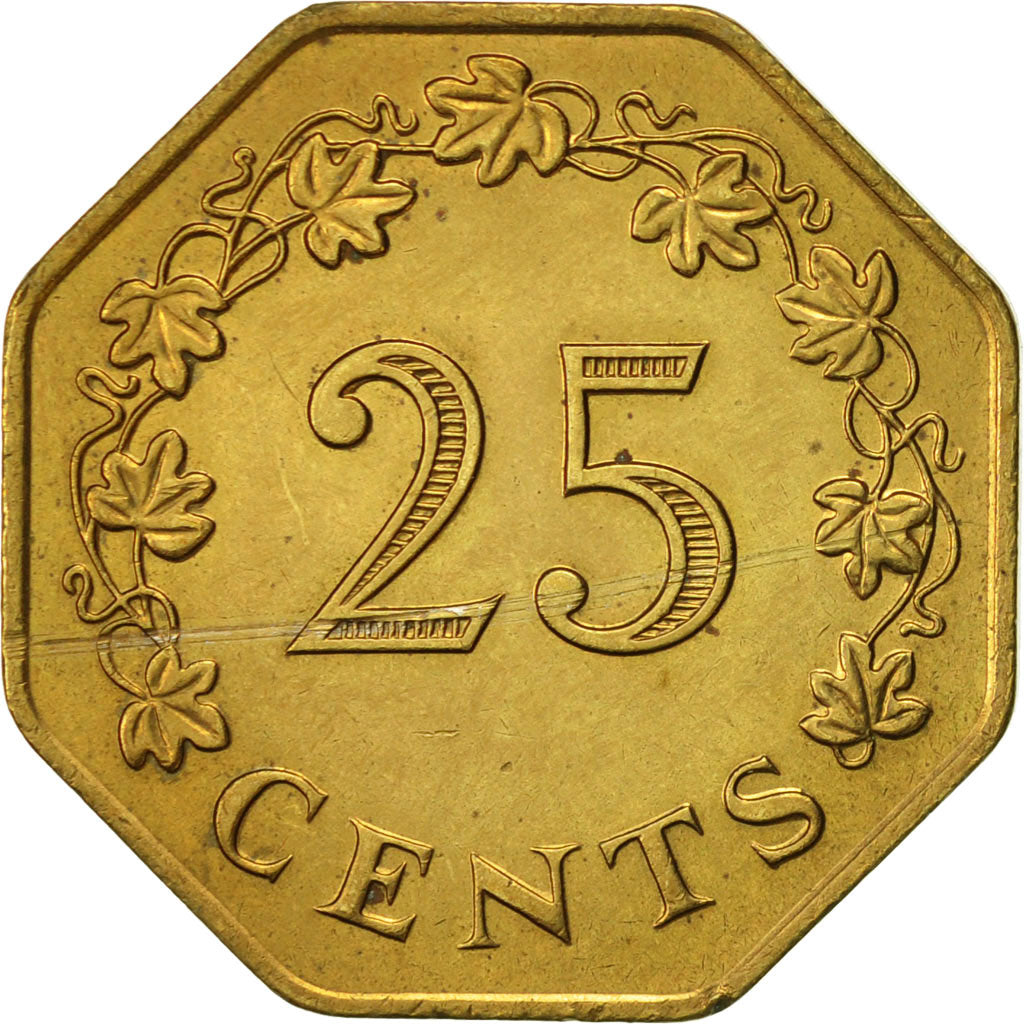 Coin, Malta, 25 Cents, 1975, AU(55-58), Brass, KM:29