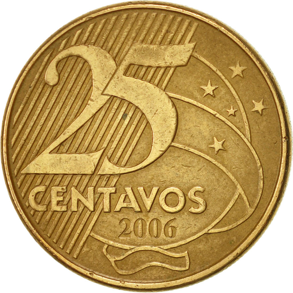 Coin, Brazil, 25 Centavos, 2006, AU(50-53), Bronze Plated Steel, KM:650