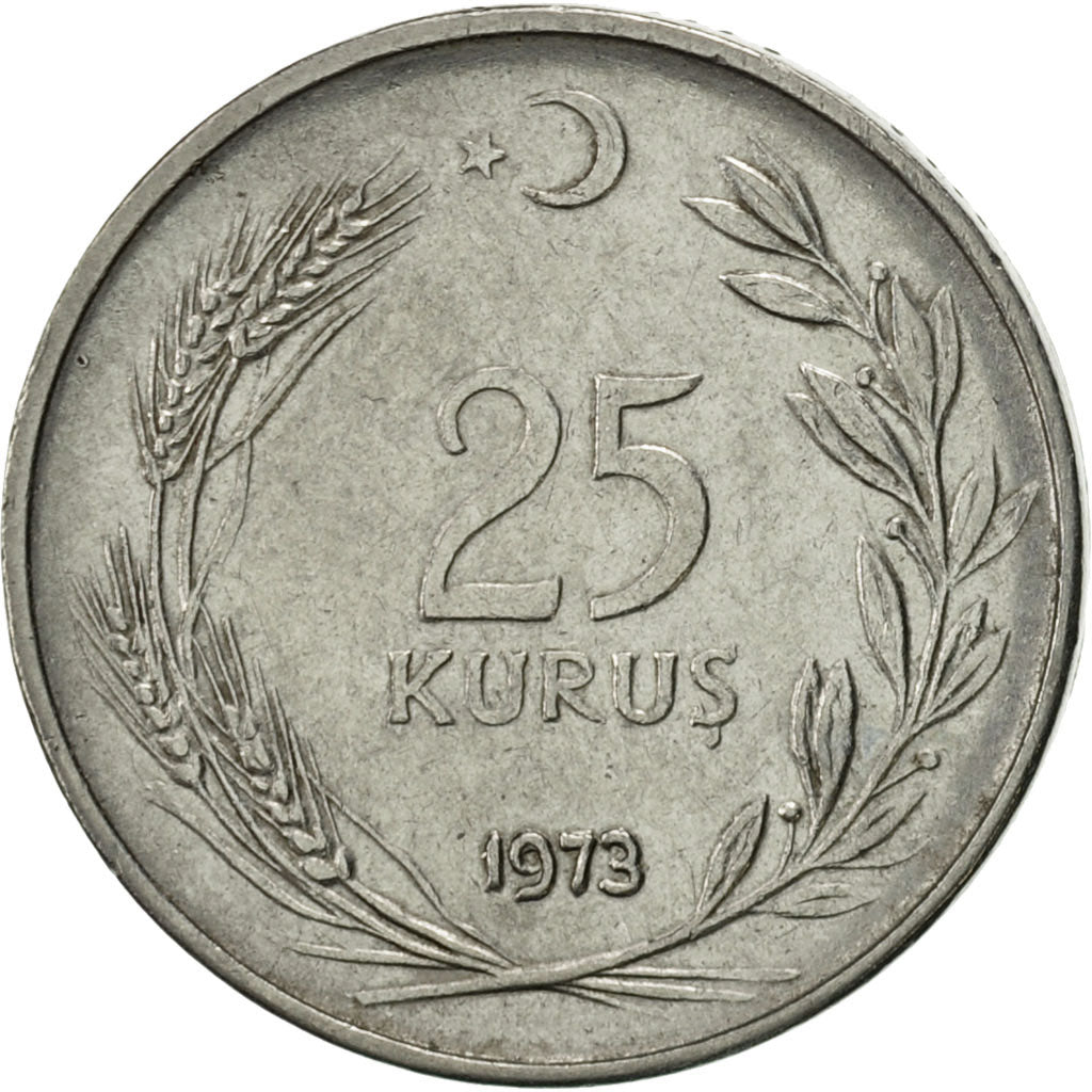 Moneta, Turcja, 25 Kurus, 1973, AU(55-58), Stal nierdzewna, KM:892.3