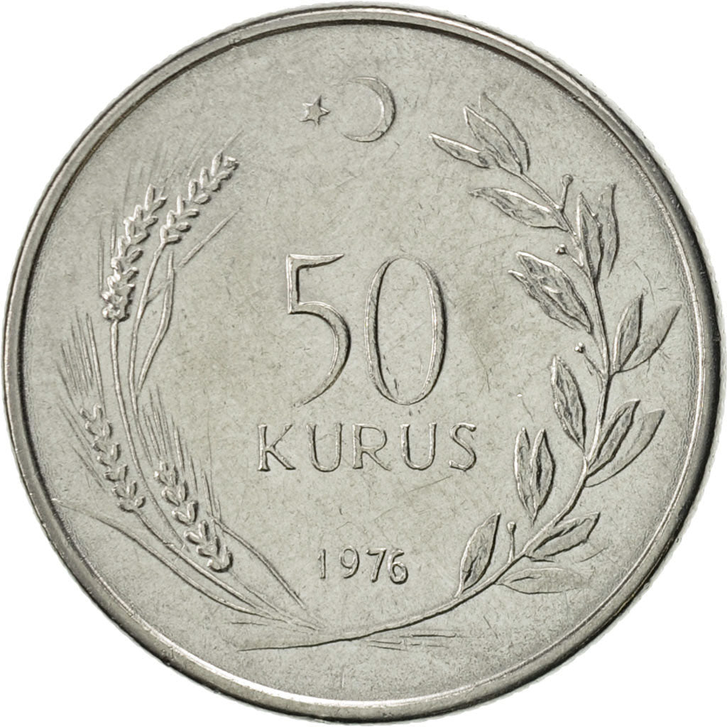 Moneta, Turcja, 50 Kurus, 1976, AU(55-58), Stal nierdzewna, KM:899