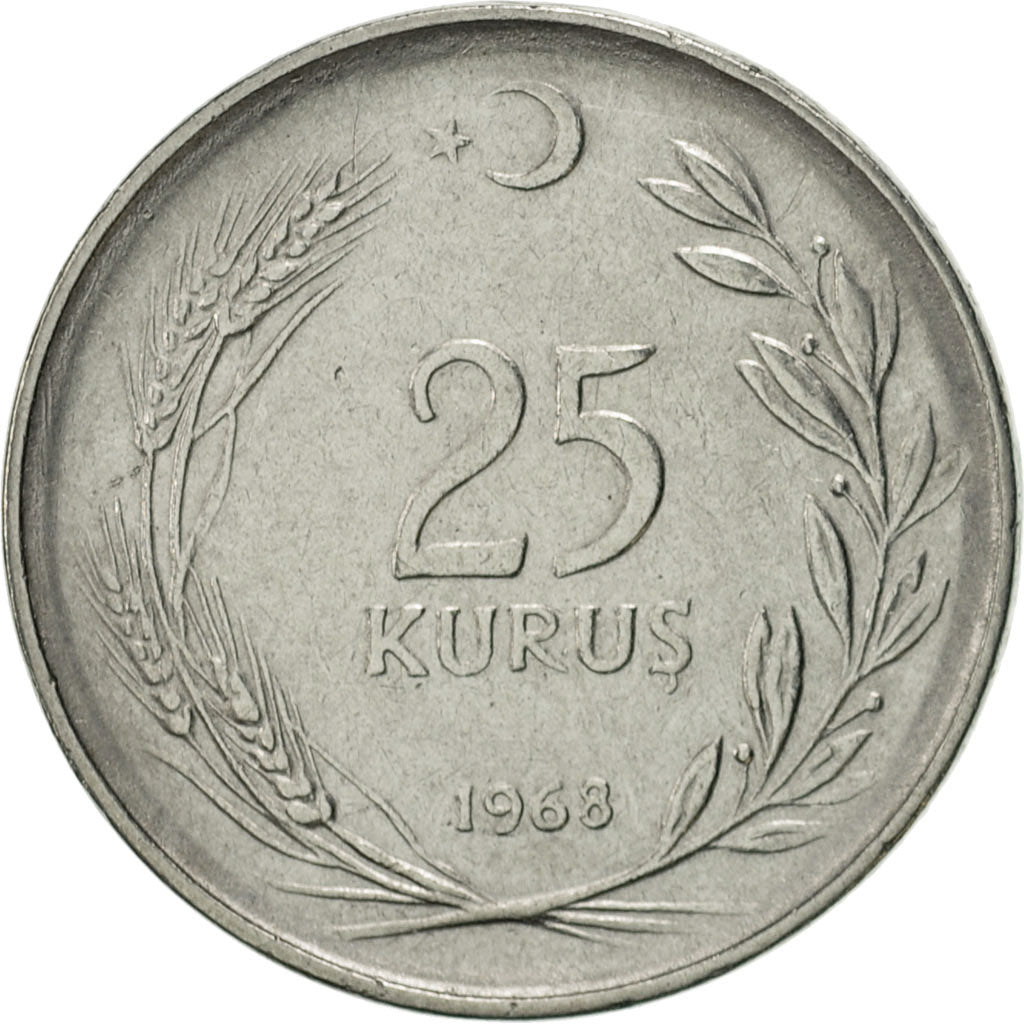 Moneta, Turcja, 25 Kurus, 1968, AU(55-58), Stal nierdzewna, KM:892.3