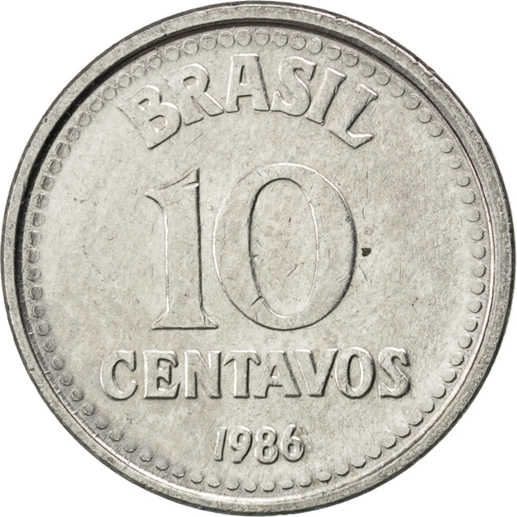 BRAZIL, 10 Centavos, 1986, KM #602, MS(63), Stainless Steel, 17, 2.05