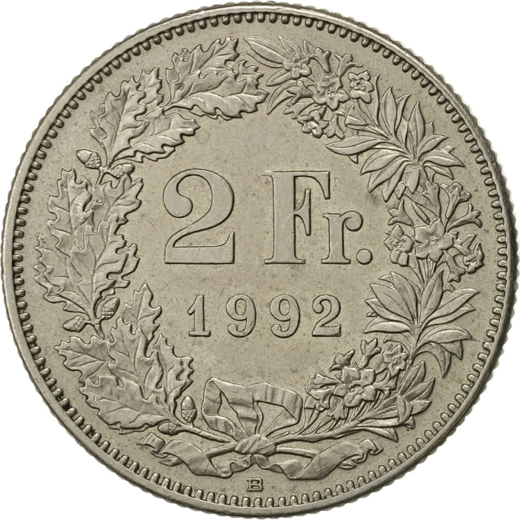 Coin, Switzerland, 2 Francs, 1992, Bern, AU(55-58), Copper-nickel, KM:21a.3