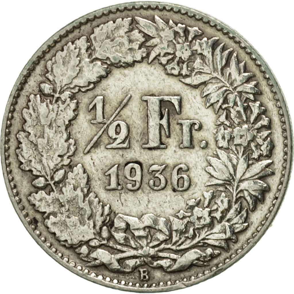 Switzerland, 1/2 Franc, 1936, Bern, AU(55-58), Silver, KM:23