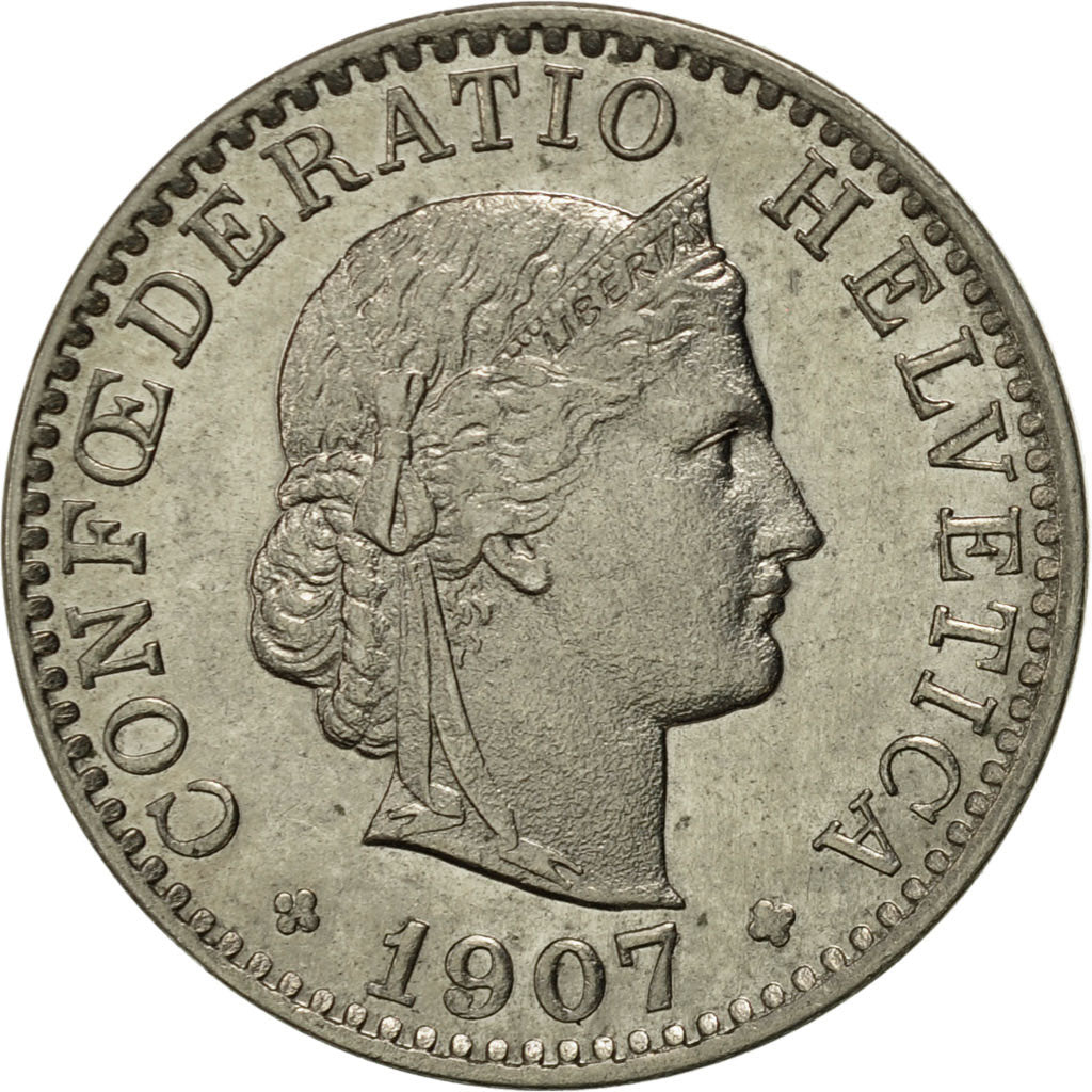 Switzerland, 20 Rappen, 1907, Bern, AU(55-58), Nickel, KM:29