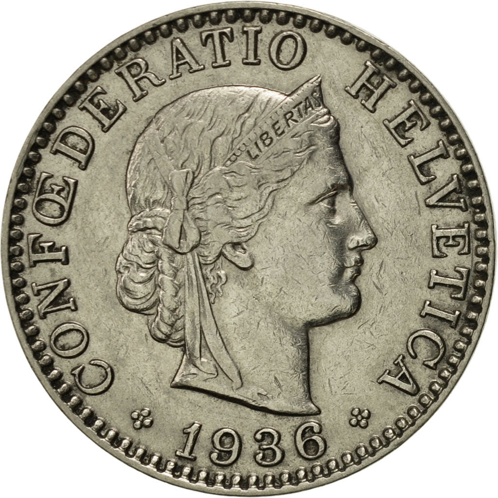 Switzerland, 20 Rappen, 1936, Bern, AU(55-58), Nickel, KM:29