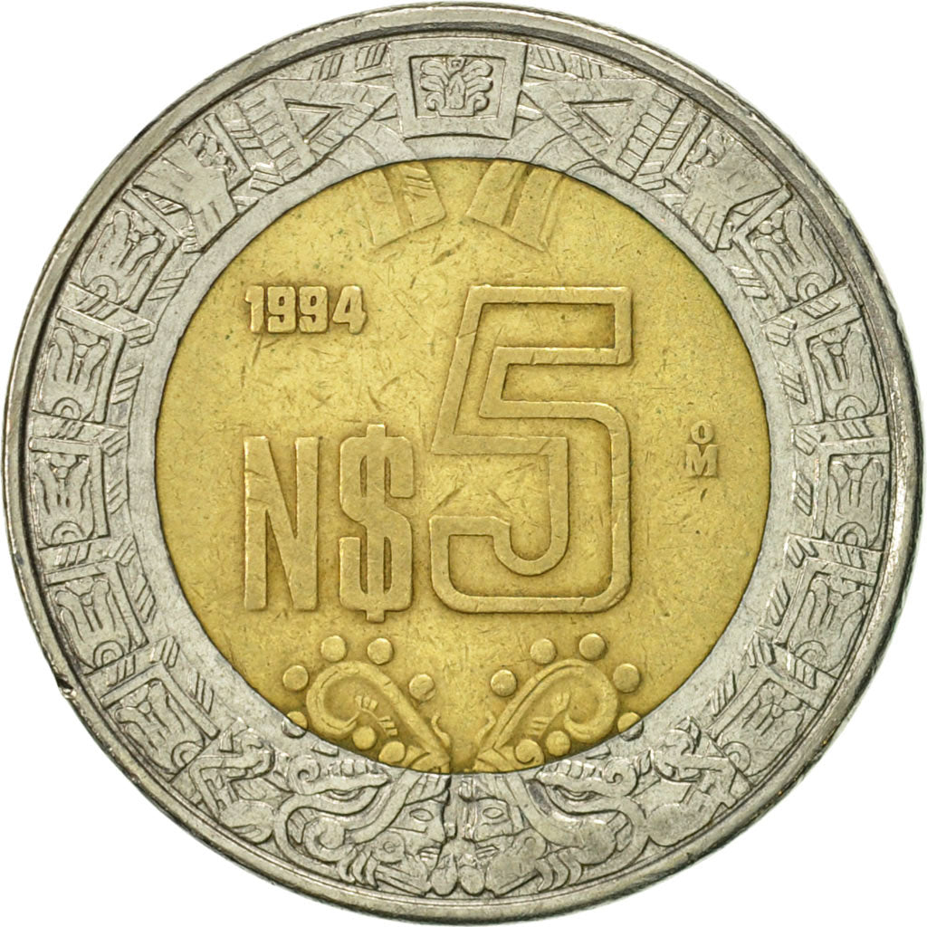 Moneda, México, 5 Nuevo Pesos, 1994, Mexico City, MBC, Bimetálico, KM:552