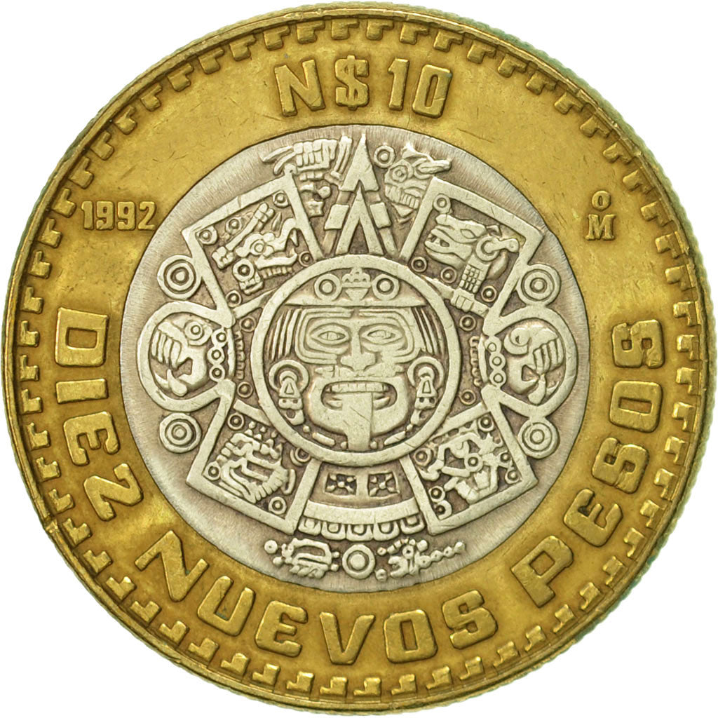 México, 10 Nuevo Pesos, 1992, Mexico City, EBC, Bimetálico, KM:553