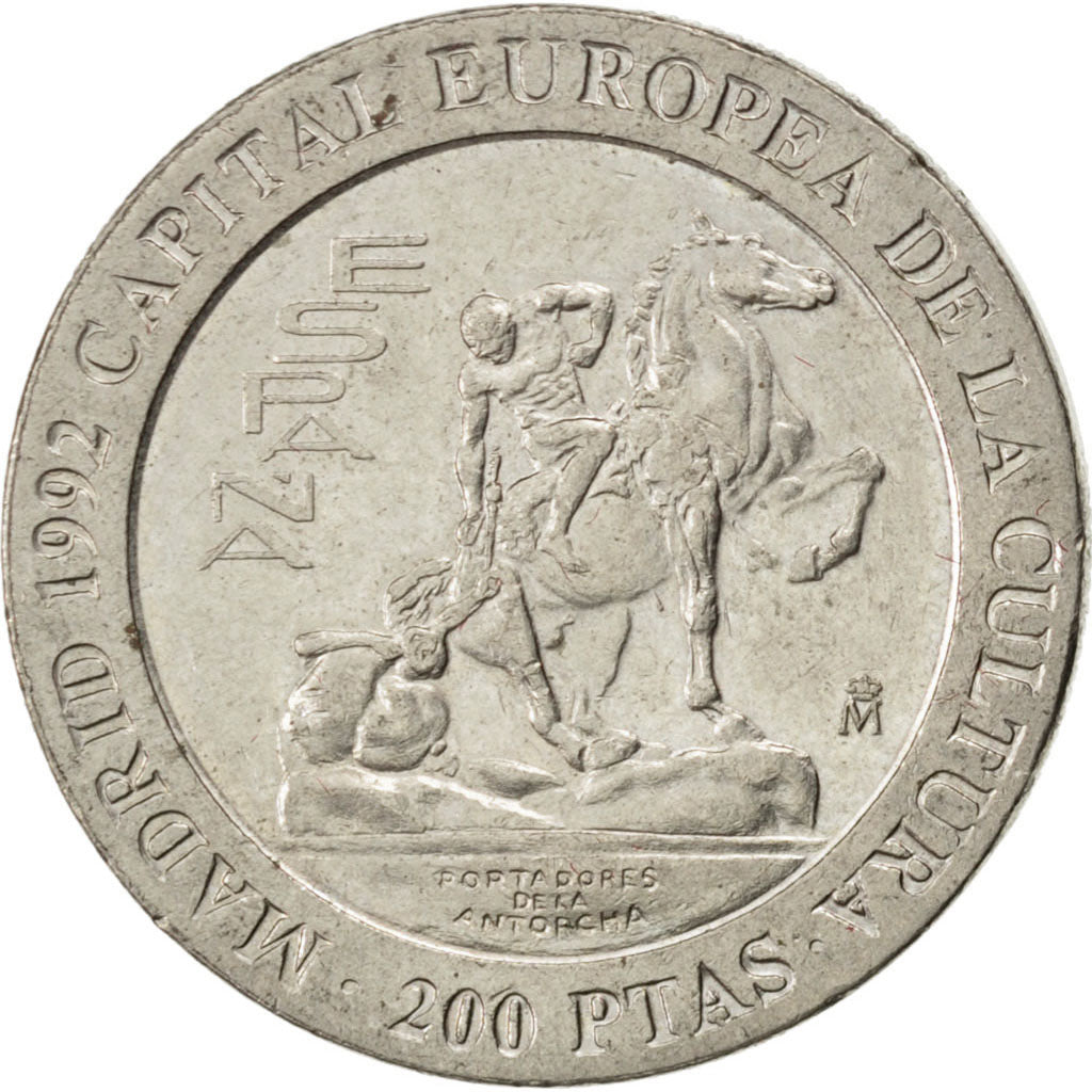SPAIN, 200 Pesetas, 1992, KM #909, AU(50-53), Copper-Nickel, 25.5, 10.52
