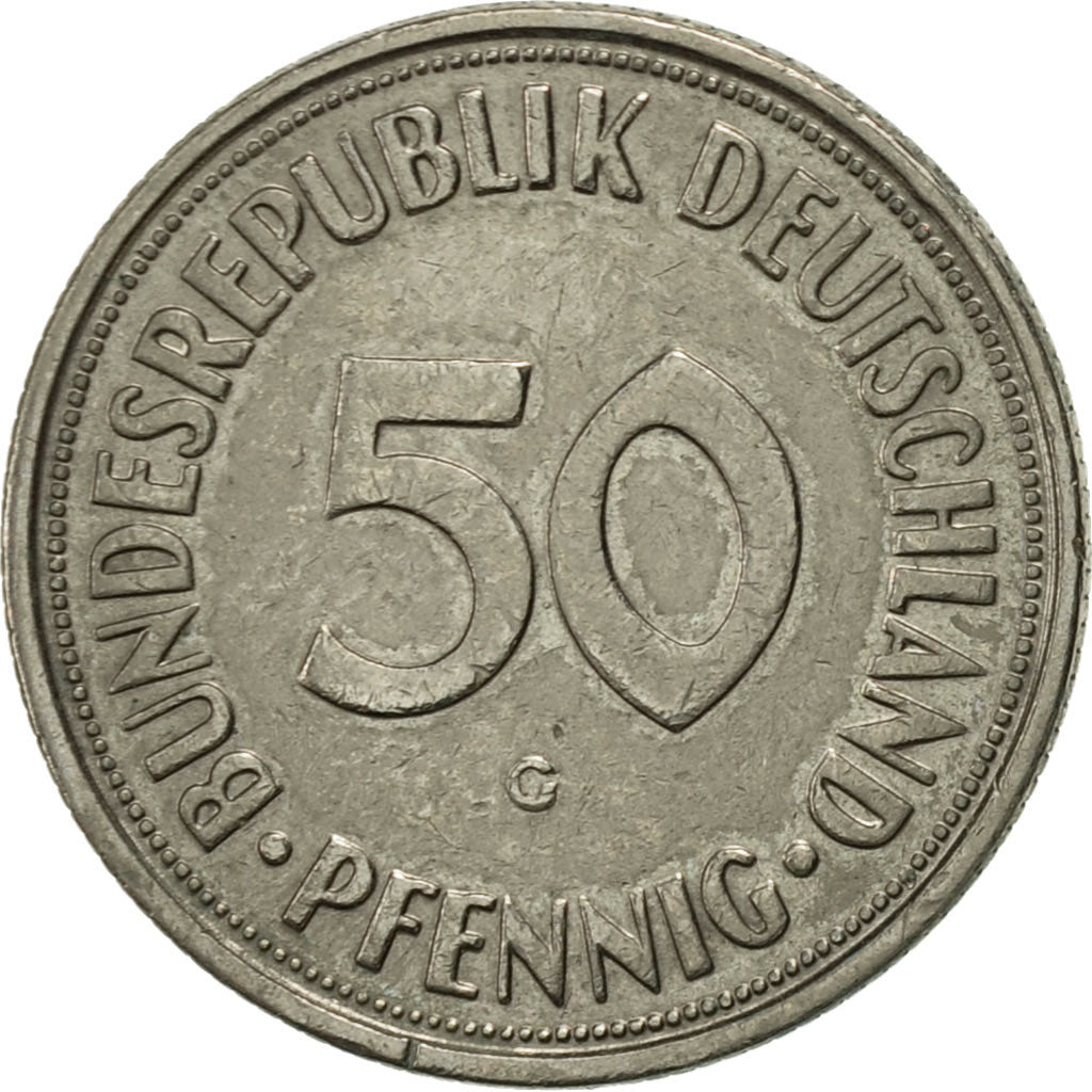 Moneda, ALEMANIA - REPÚBLICA FEDERAL, 50 Pfennig, 1950, Karlsruhe, MBC, Cobre -
