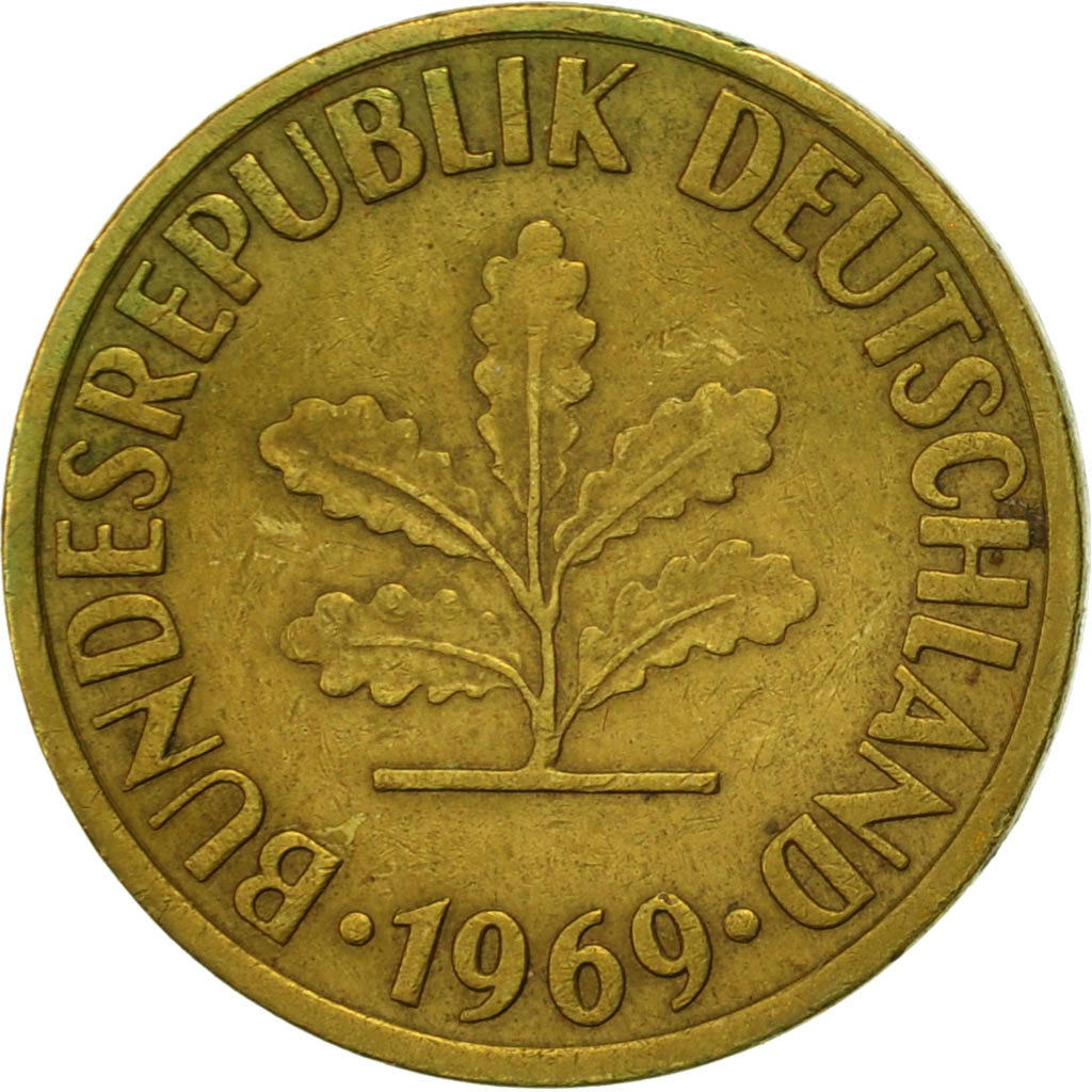 Coin, GERMANY - FEDERAL REPUBLIC, 10 Pfennig, 1969, Munich, EF(40-45), Brass